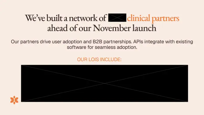 Clinical-partner network ahead of a November launch. “OUR LOIS INCLUDE:” followed by a redacted block.