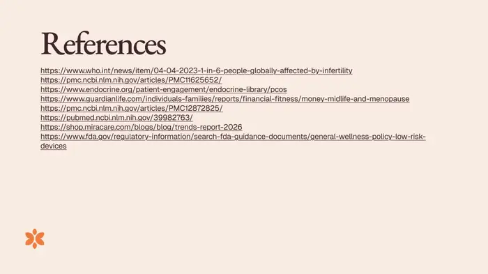 References slide listing eight web links, including health research, market context and FDA general-wellness guidance.