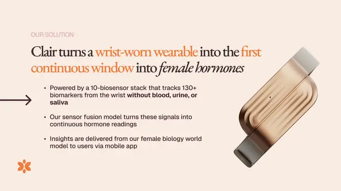Clair claims a 10-biosensor stack, 130+ biomarkers and a sensor-fusion model producing continuous hormone readings without blood, urine or saliva.